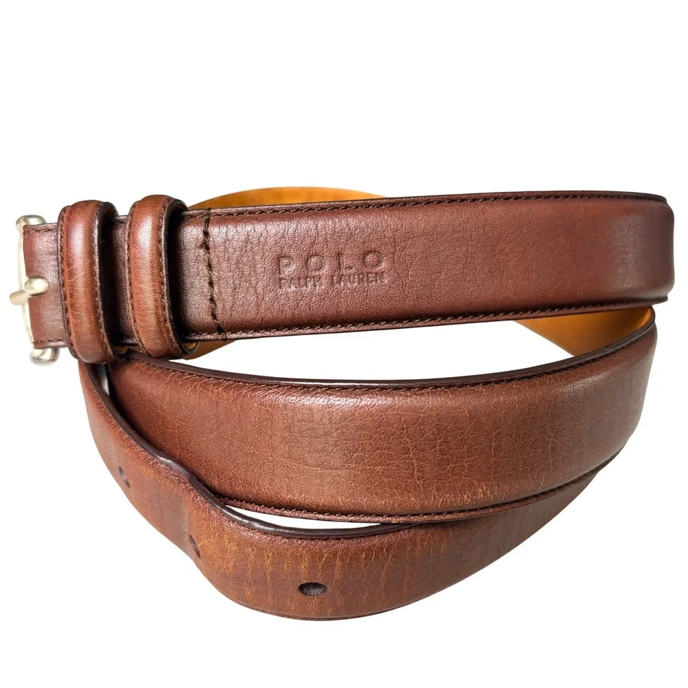 Polo Ralph Lauren Leather Belt 34 Brown Solid Brass Buckle Classic Mens
